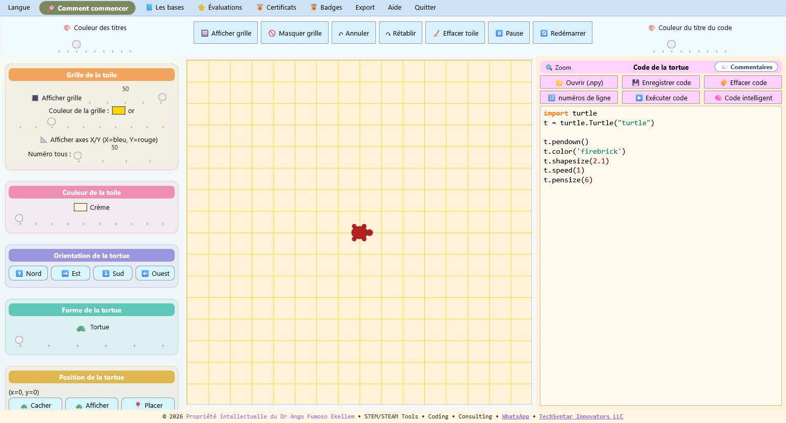 The Nuhlis Turtle Headstarter interface — a turtle drawing on a grid canvas with live Python code beside it